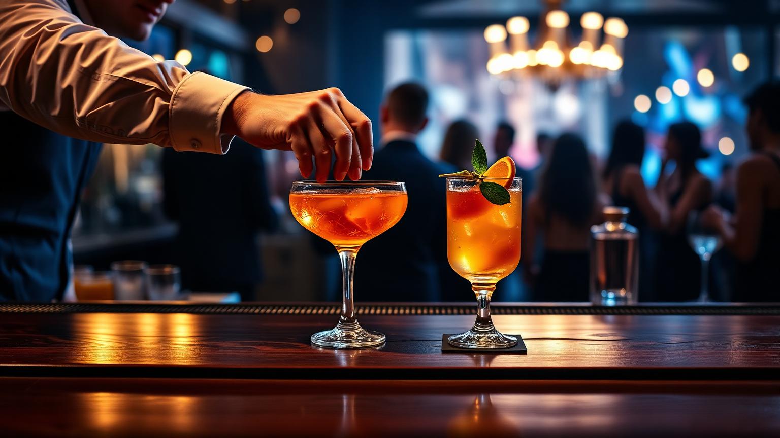 Bar móvel de madeira escura e detalhes em cobre em uma festa elegante, com as mãos de um bartender preparando um drink em uma taça de cristal.