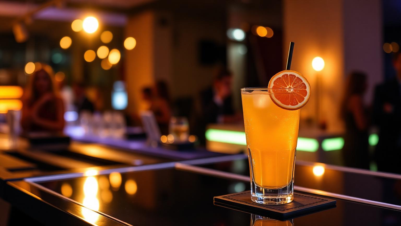 Copo de coquetel colorido e decorado sobre um balcão de bar elegante em uma festa noturna, com fundo desfocado de pessoas conversando.