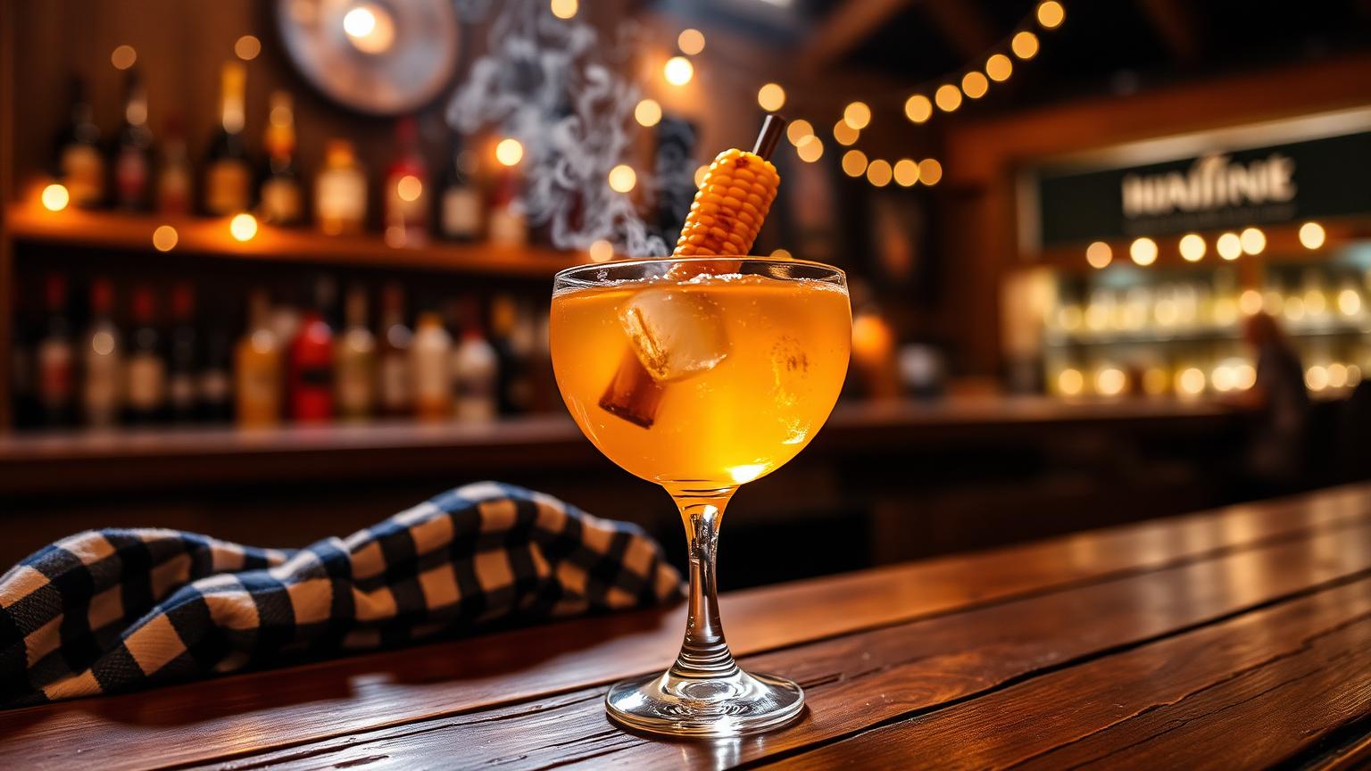 Copo de coquetel em uma bancada de madeira rústica, com um bar de festa junina elegante e desfocado ao fundo com luzes quentes e bandeirinhas coloridas.