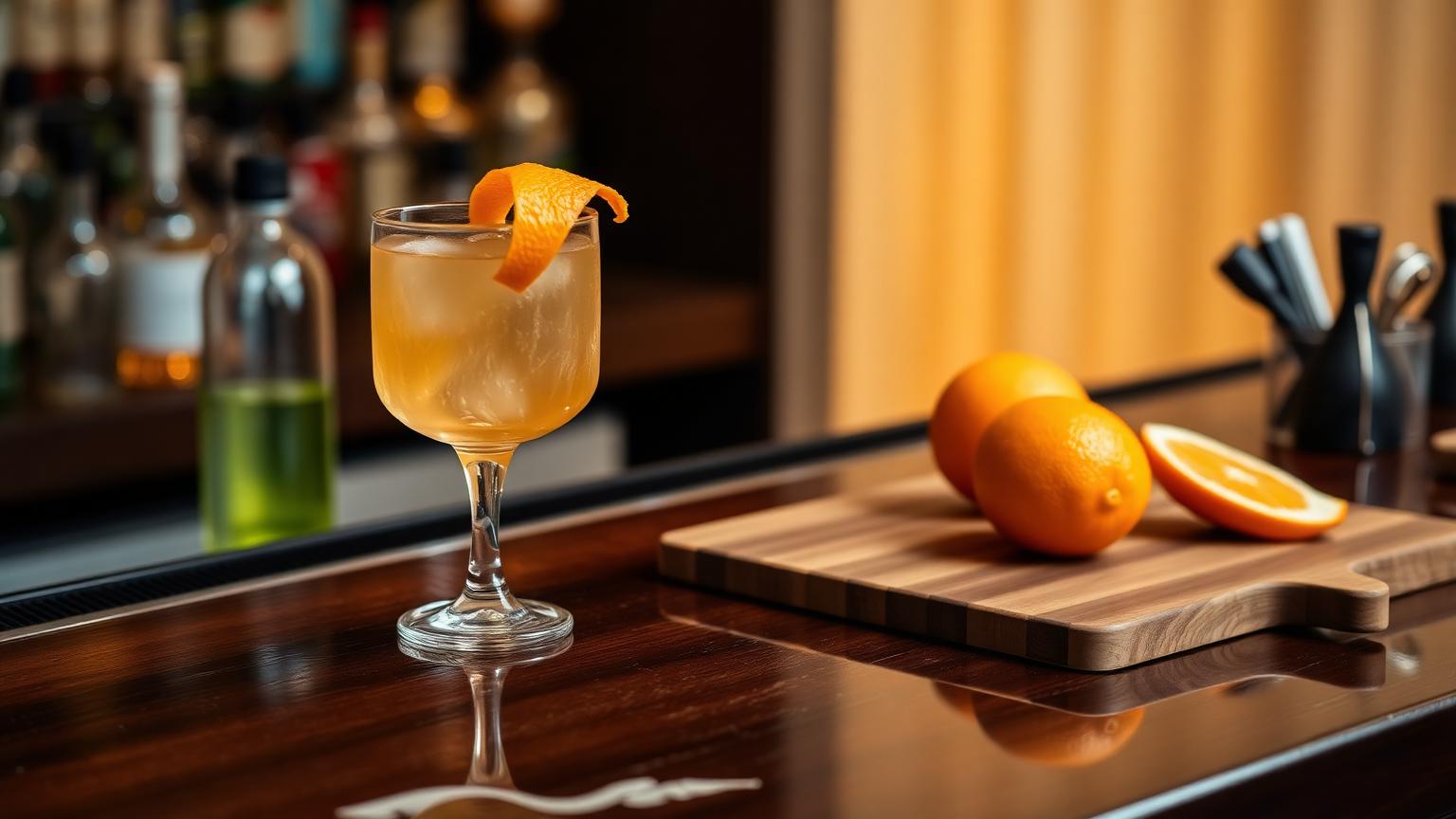 Copo de coquetel alaranjado com uma casca de laranja sobre um balcão de bar de madeira escura. Ao fundo, luzes de festa desfocadas e utensílios de bartender organizados.