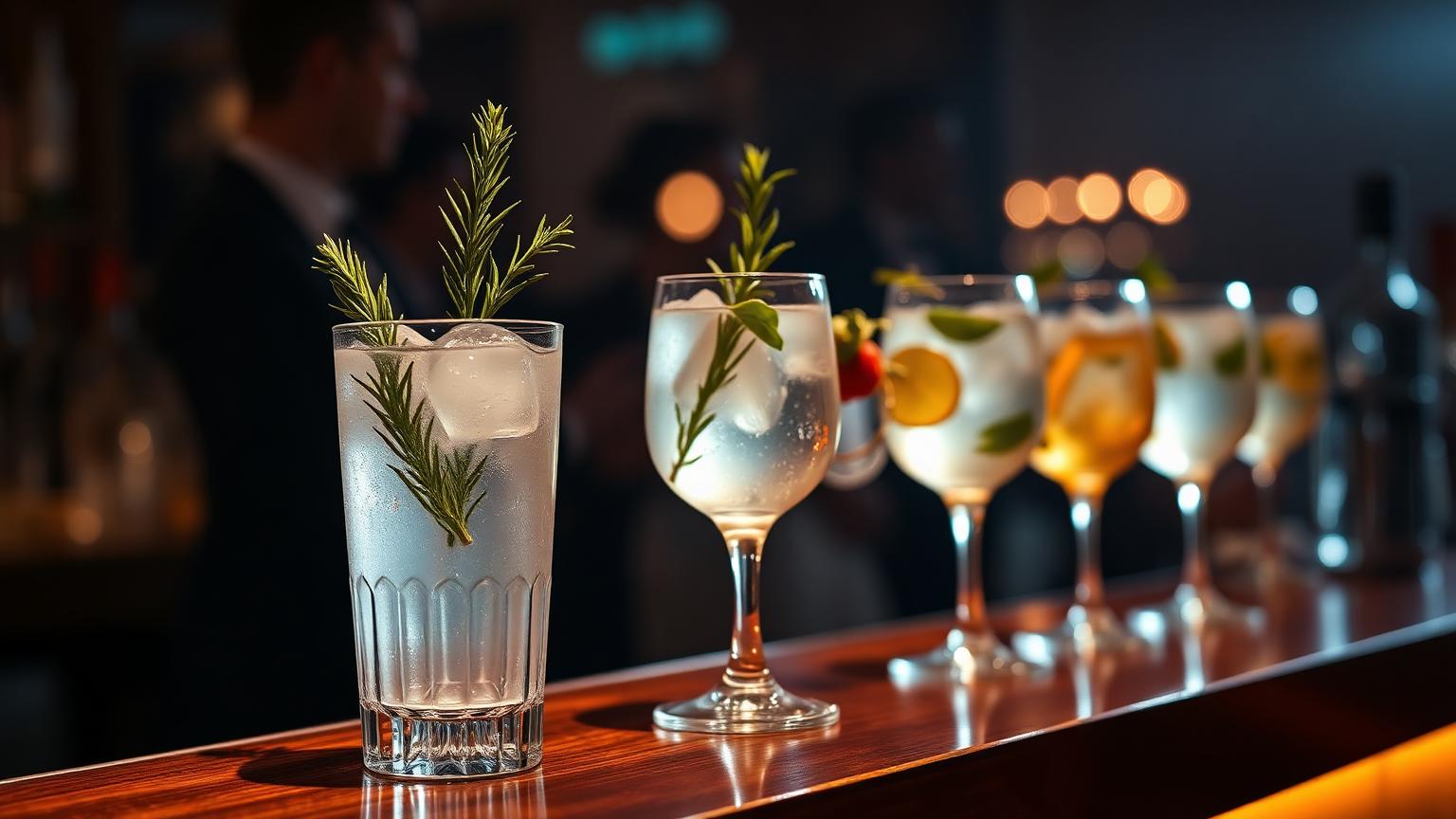 Balcão de bar de madeira escura em uma festa elegante, com foco em um copo de cristal contendo um drink decorado com uma erva. Ao fundo, luzes quentes e um ambiente de celebração.